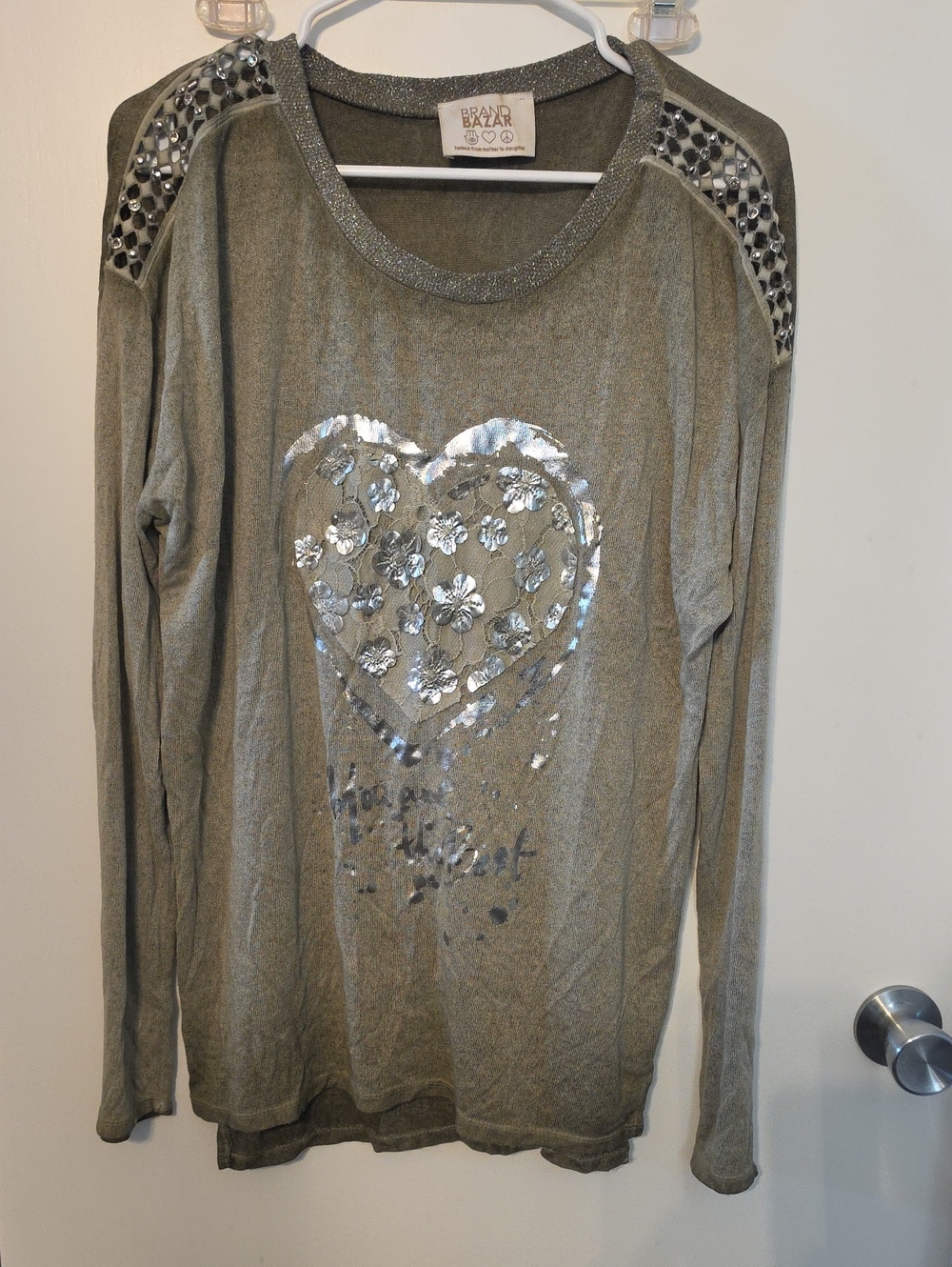 Brand Bazar Olive Long-Sleeve Sequin Heart Tee